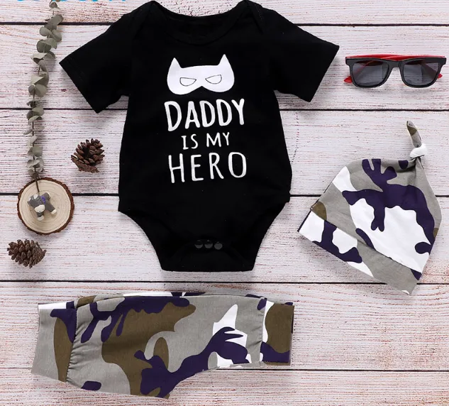 Stylish 3 Piece Kids Summer Outfit With Hat Black & Camo print