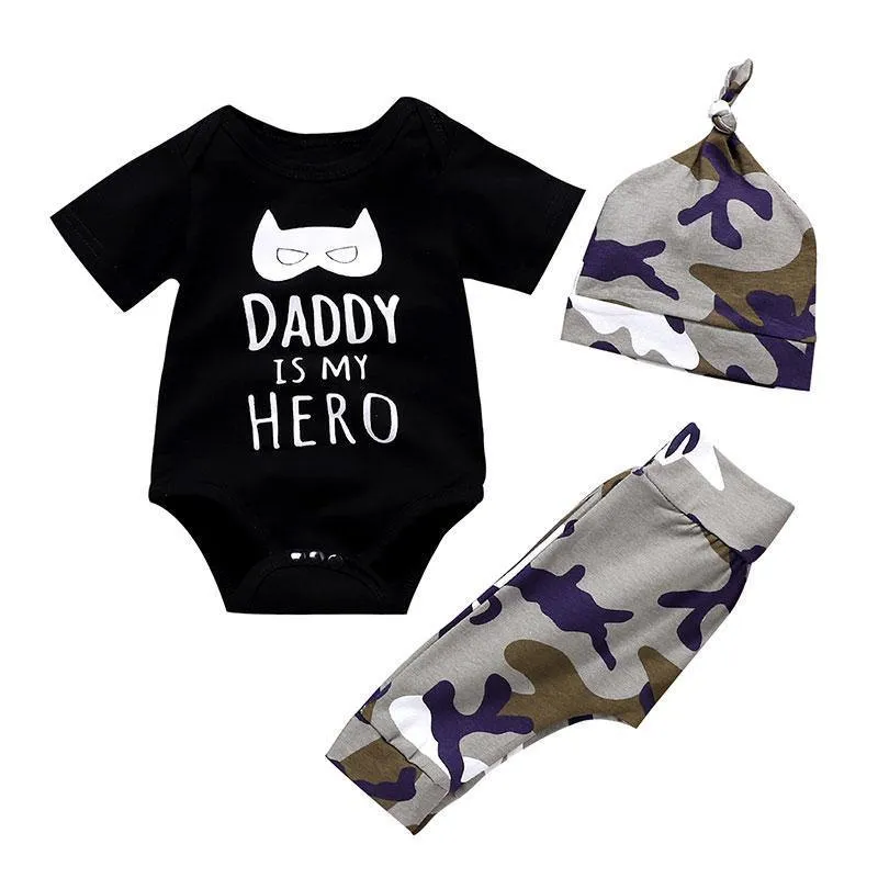 Stylish 3 Piece Kids Summer Outfit With Hat Black & Camo print