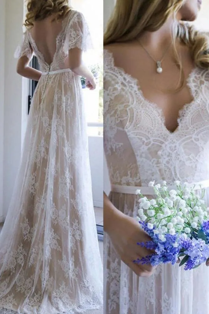 Summer Champange V neck Cap sleeveles Lace Beach Wedding Dress