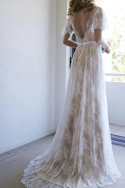 Summer Champange V neck Cap sleeveles Lace Beach Wedding Dress