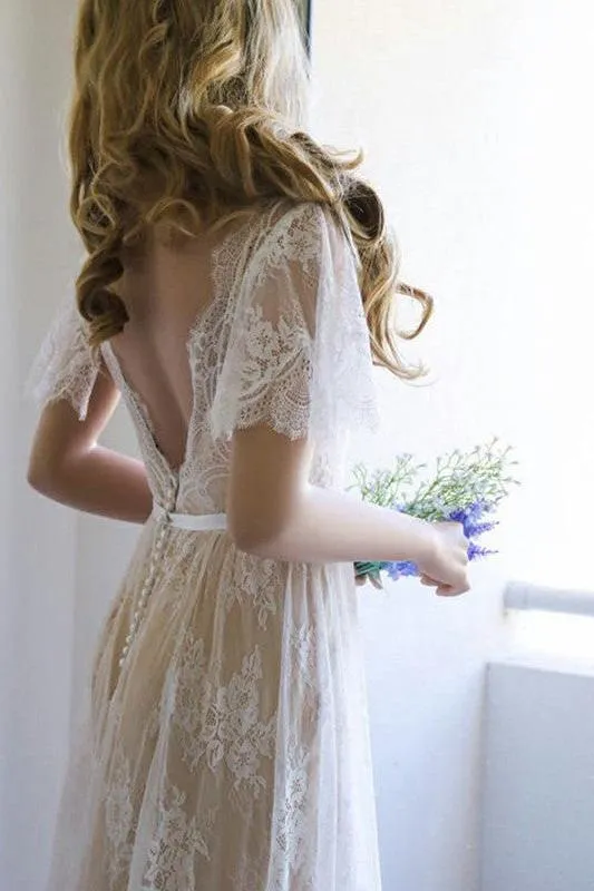 Summer Champange V neck Cap sleeveles Lace Beach Wedding Dress