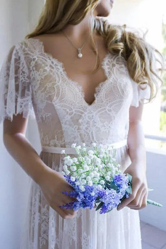 Summer Champange V neck Cap sleeveles Lace Beach Wedding Dress