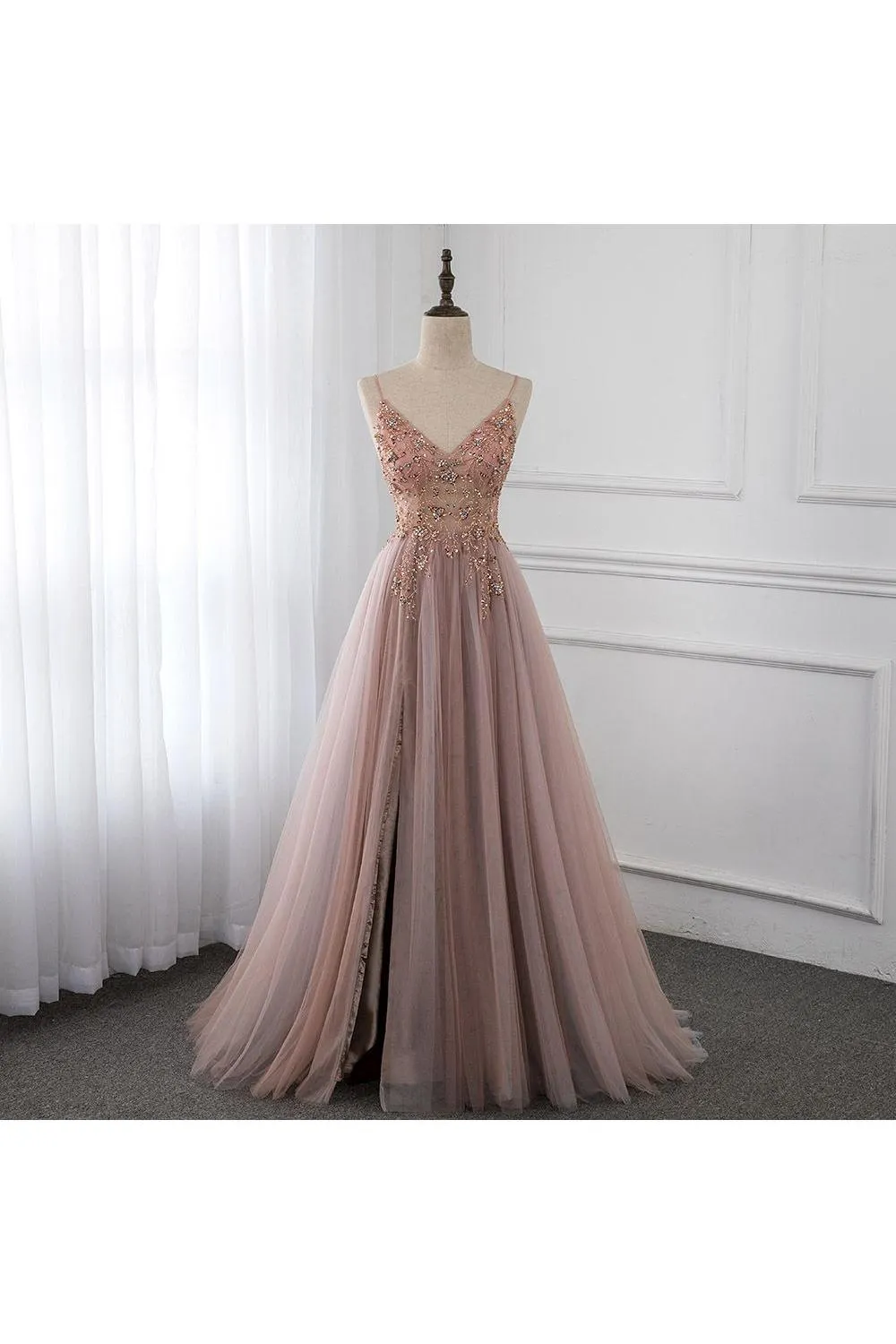 Sweetheart Crystal Prom Dresses Straps Spaghetti Tulle Evening Gown Split Side