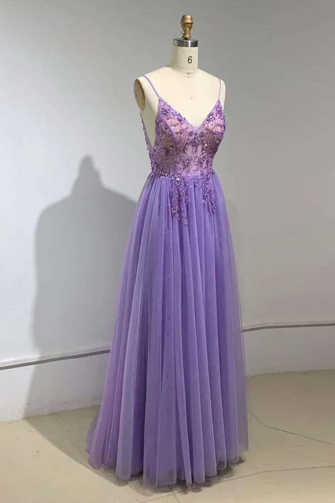 Sweetheart Crystal Prom Dresses Straps Spaghetti Tulle Evening Gown Split Side