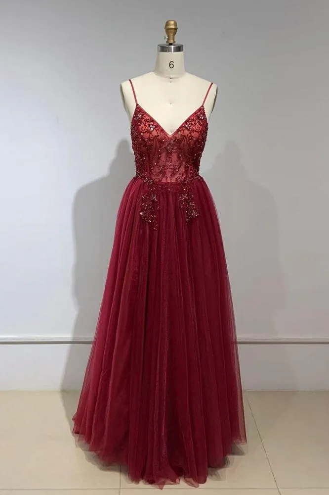 Sweetheart Crystal Prom Dresses Straps Spaghetti Tulle Evening Gown Split Side