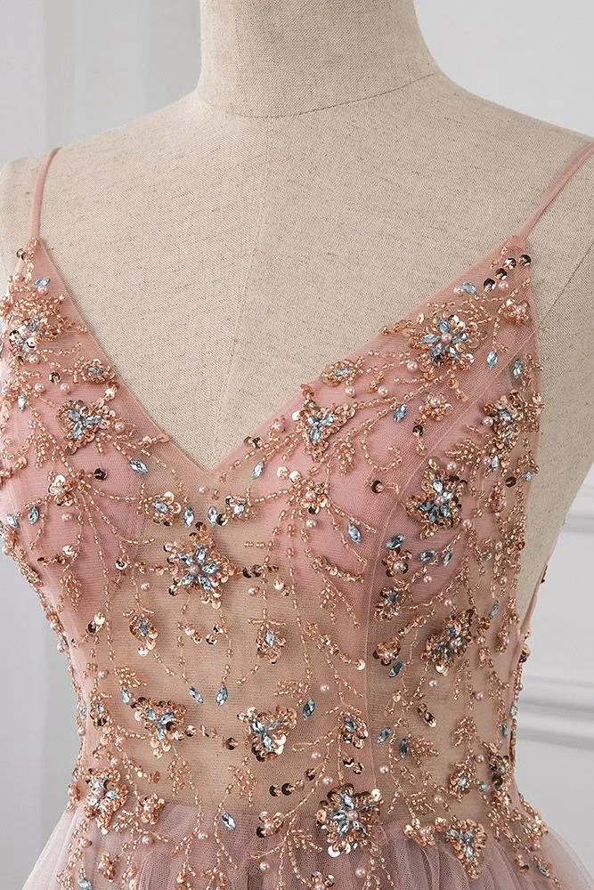 Sweetheart Crystal Prom Dresses Straps Spaghetti Tulle Evening Gown Split Side