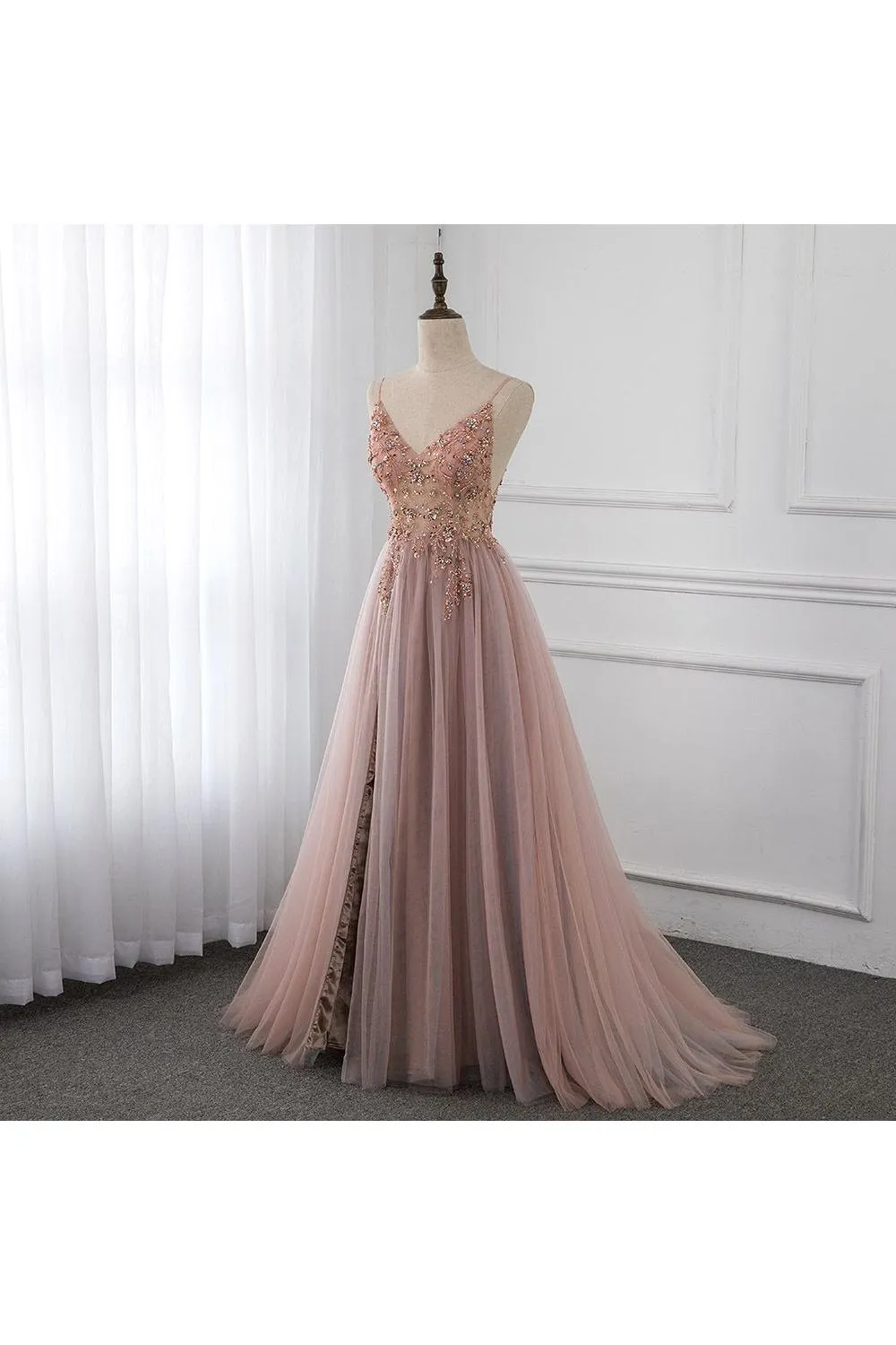 Sweetheart Crystal Prom Dresses Straps Spaghetti Tulle Evening Gown Split Side