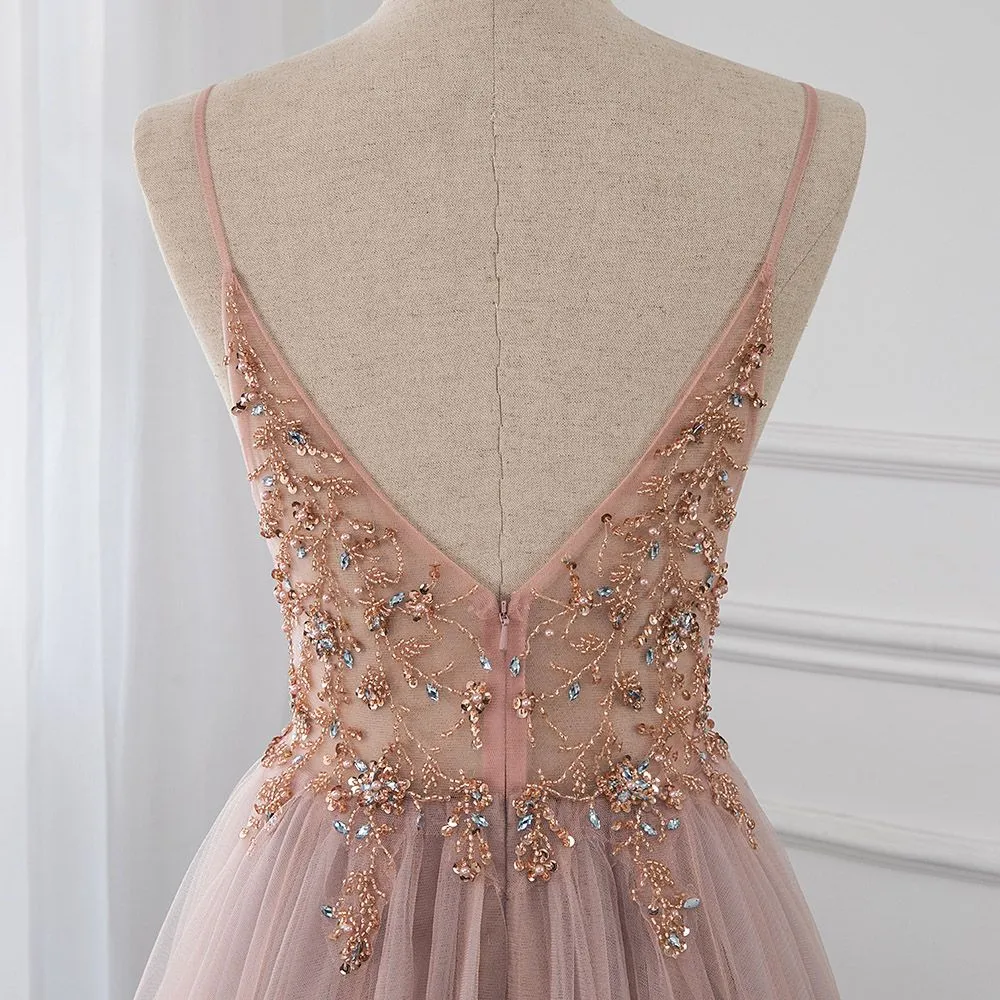 Sweetheart Crystal Prom Dresses Straps Spaghetti Tulle Evening Gown Split Side