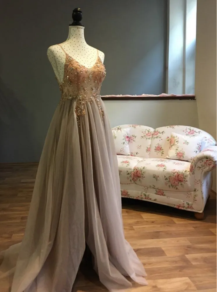 Sweetheart Crystal Prom Dresses Straps Spaghetti Tulle Evening Gown Split Side