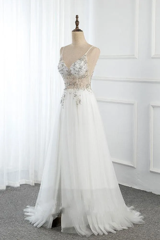Sweetheart Crystal Prom Dresses Straps Spaghetti Tulle Evening Gown Split Side