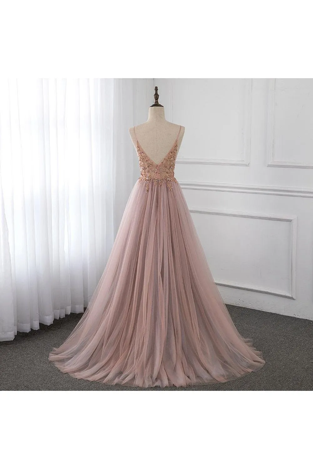 Sweetheart Crystal Prom Dresses Straps Spaghetti Tulle Evening Gown Split Side