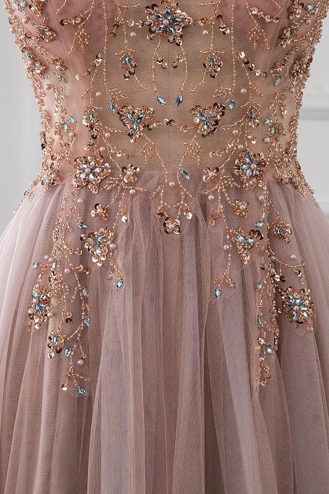 Sweetheart Crystal Prom Dresses Straps Spaghetti Tulle Evening Gown Split Side