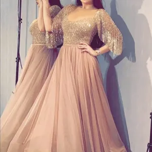 tassels beaded prom dresses arabic champagne elegant Dubai fashion luxury prom gown robe de soiree