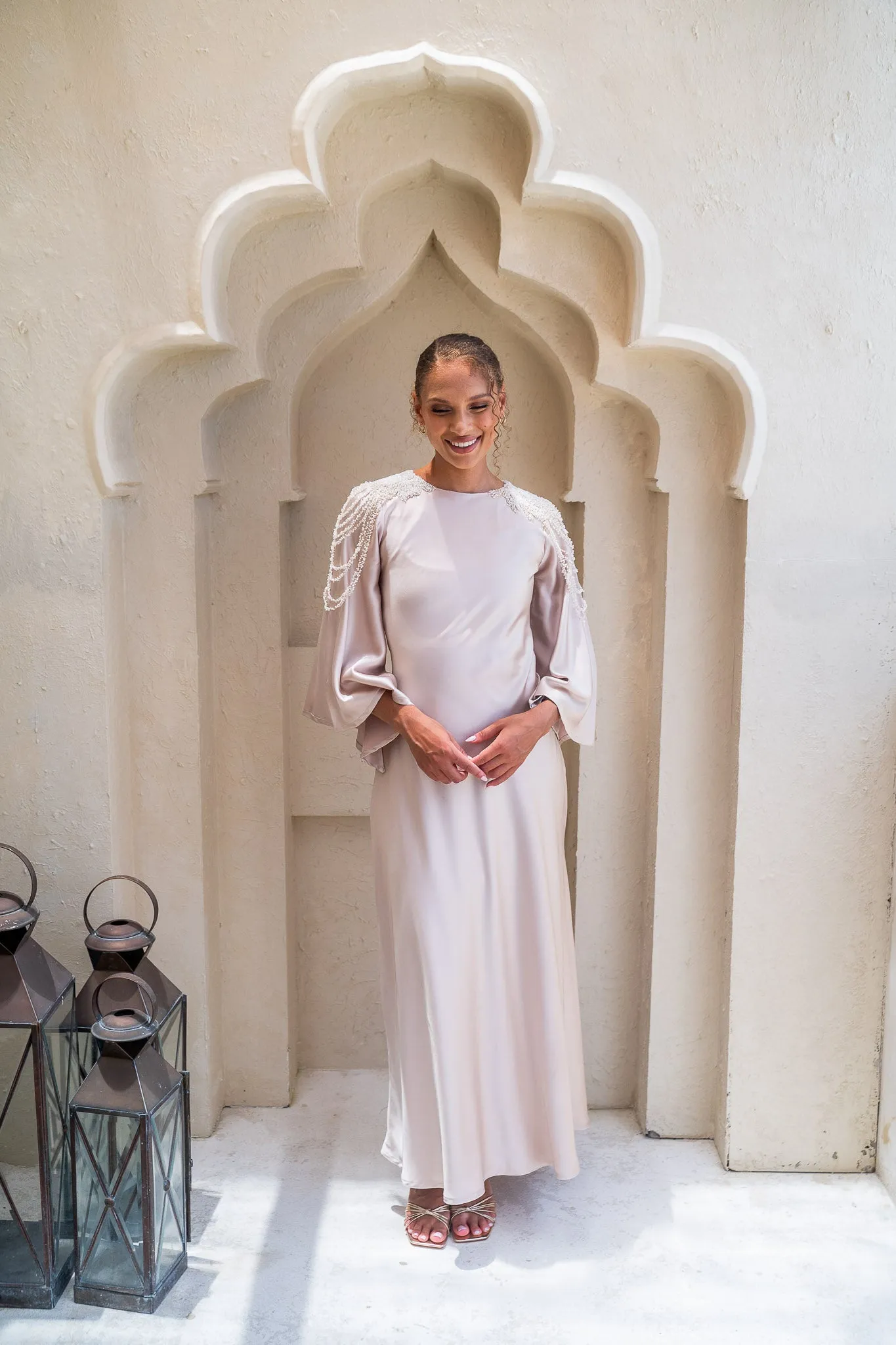 Taupe Pearl Drape Satin Elegance Dress