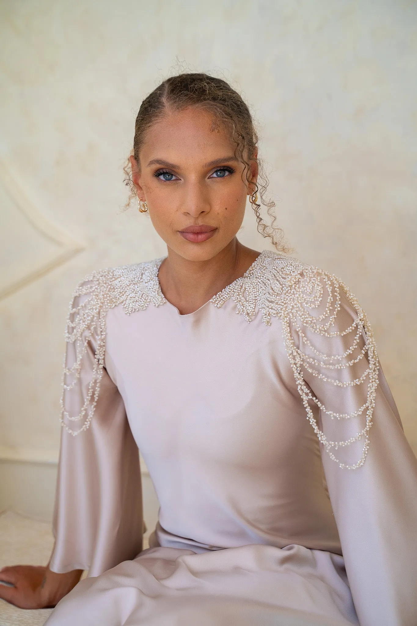 Taupe Pearl Drape Satin Elegance Dress
