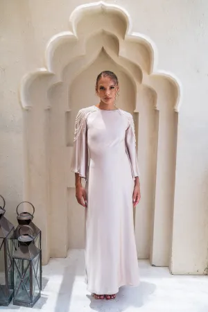 Taupe Pearl Drape Satin Elegance Dress