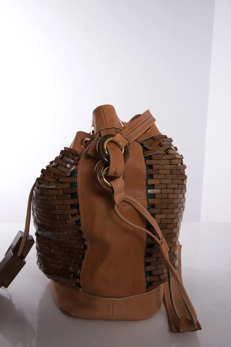 The Nomadic Collector Tan/Brown/Green Wooden Beaded Bucket Bag