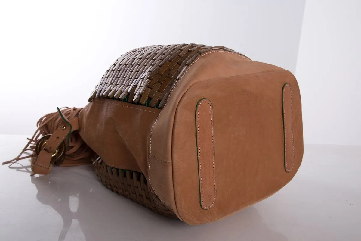The Nomadic Collector Tan/Brown/Green Wooden Beaded Bucket Bag