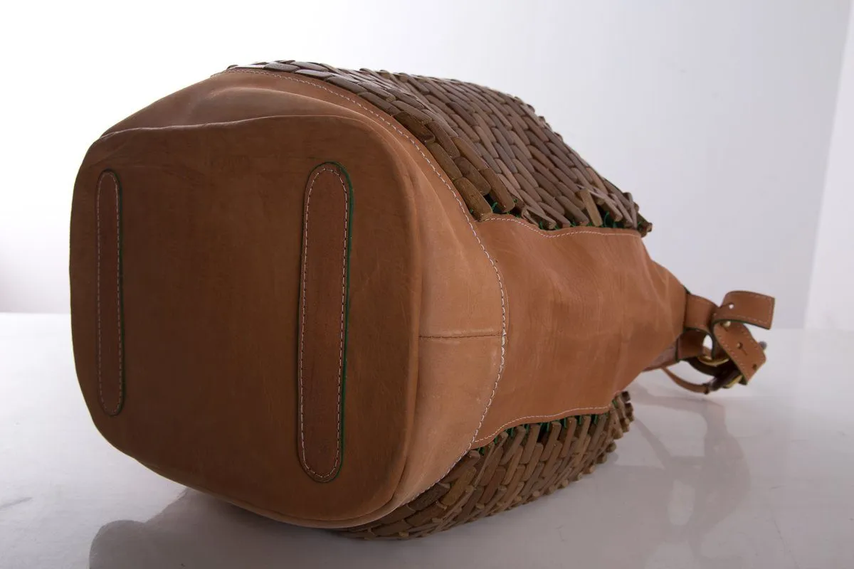The Nomadic Collector Tan/Brown/Green Wooden Beaded Bucket Bag