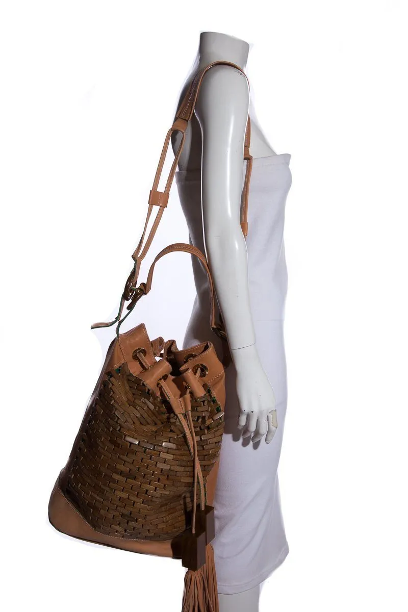 The Nomadic Collector Tan/Brown/Green Wooden Beaded Bucket Bag