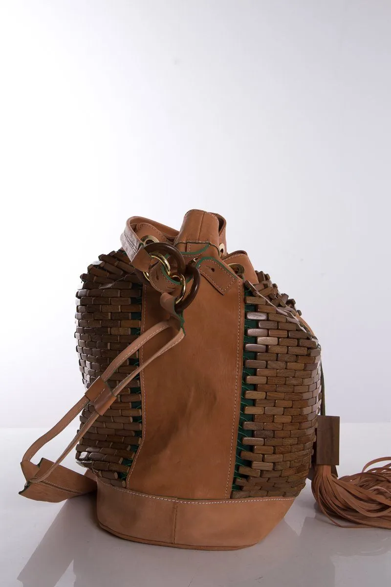 The Nomadic Collector Tan/Brown/Green Wooden Beaded Bucket Bag