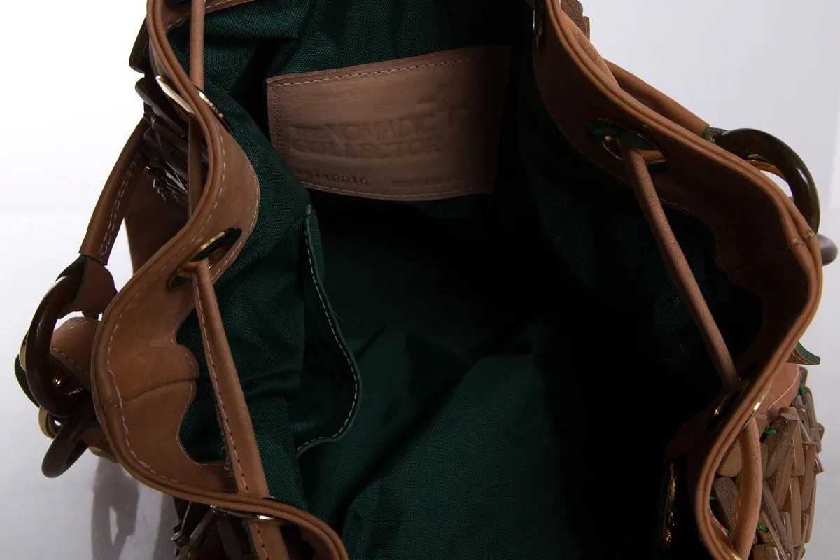 The Nomadic Collector Tan/Brown/Green Wooden Beaded Bucket Bag