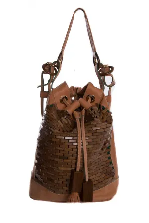The Nomadic Collector Tan/Brown/Green Wooden Beaded Bucket Bag