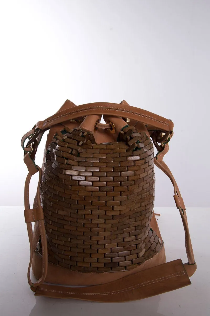 The Nomadic Collector Tan/Brown/Green Wooden Beaded Bucket Bag