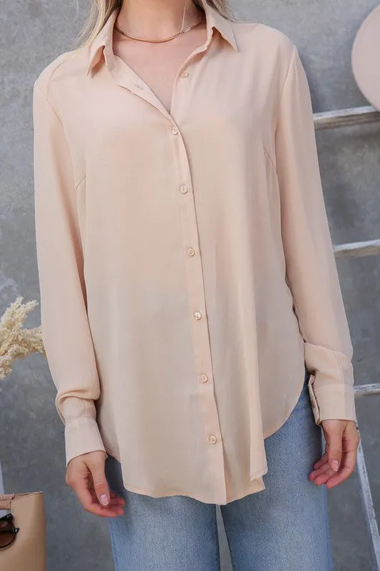 TIMING Oversized Long Sleeve Button Down Chiffon Blouse