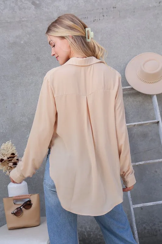 TIMING Oversized Long Sleeve Button Down Chiffon Blouse