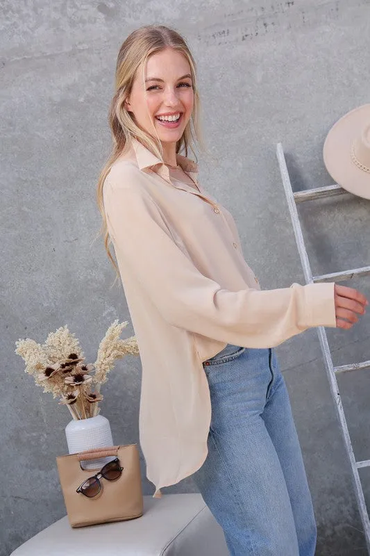TIMING Oversized Long Sleeve Button Down Chiffon Blouse