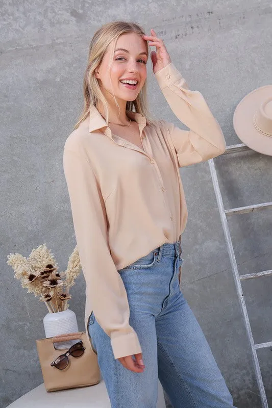 TIMING Oversized Long Sleeve Button Down Chiffon Blouse