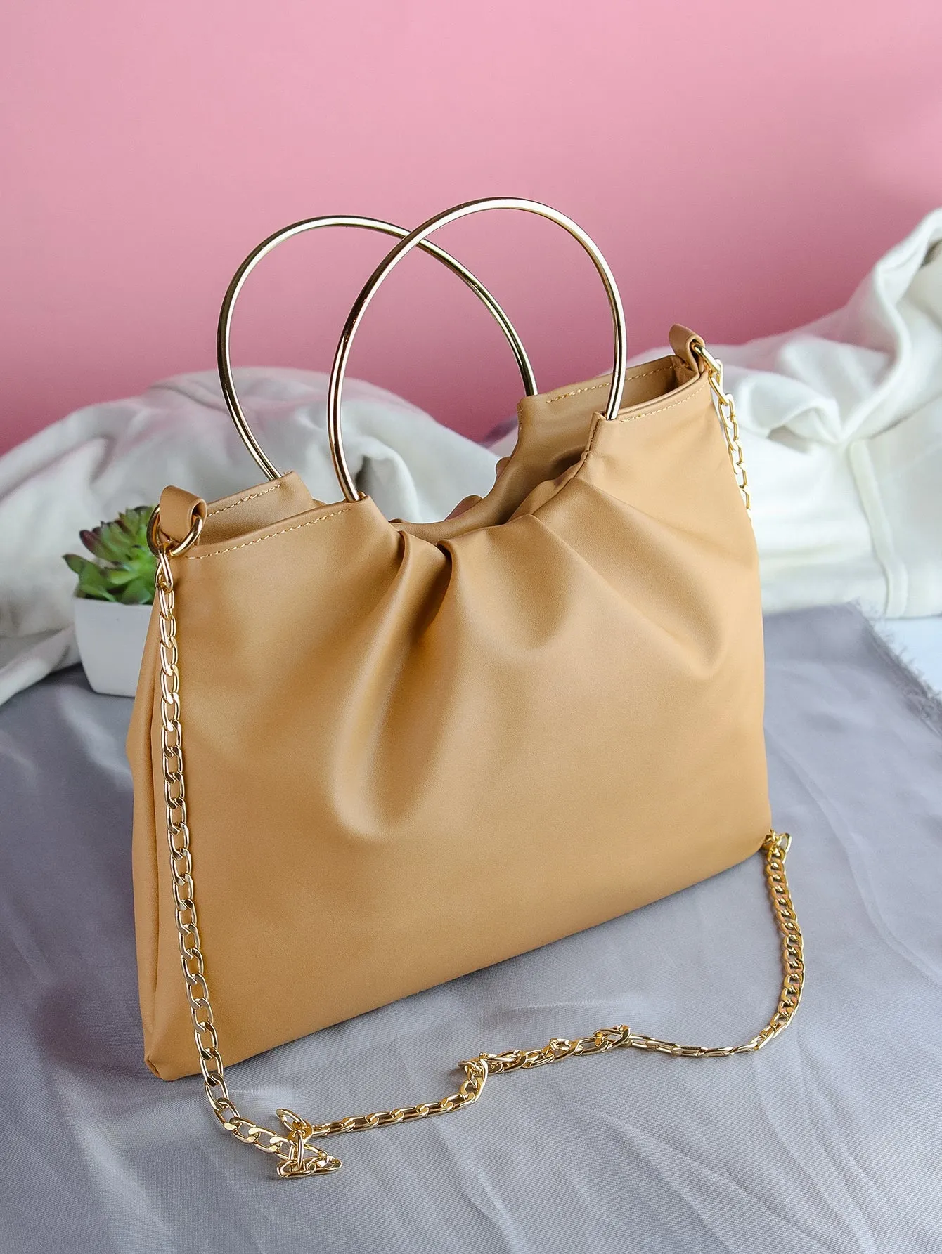 Top Handle Ruched Satchel Bag With Chain  - Mustard  - FD ⚡