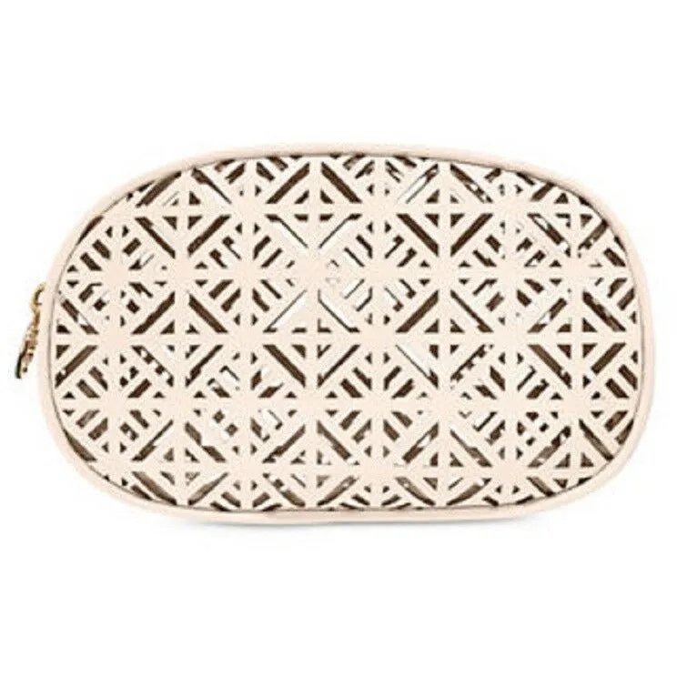 Tory Burch Laser Cut Oval cosmetics bag in Baby Pink color (white)