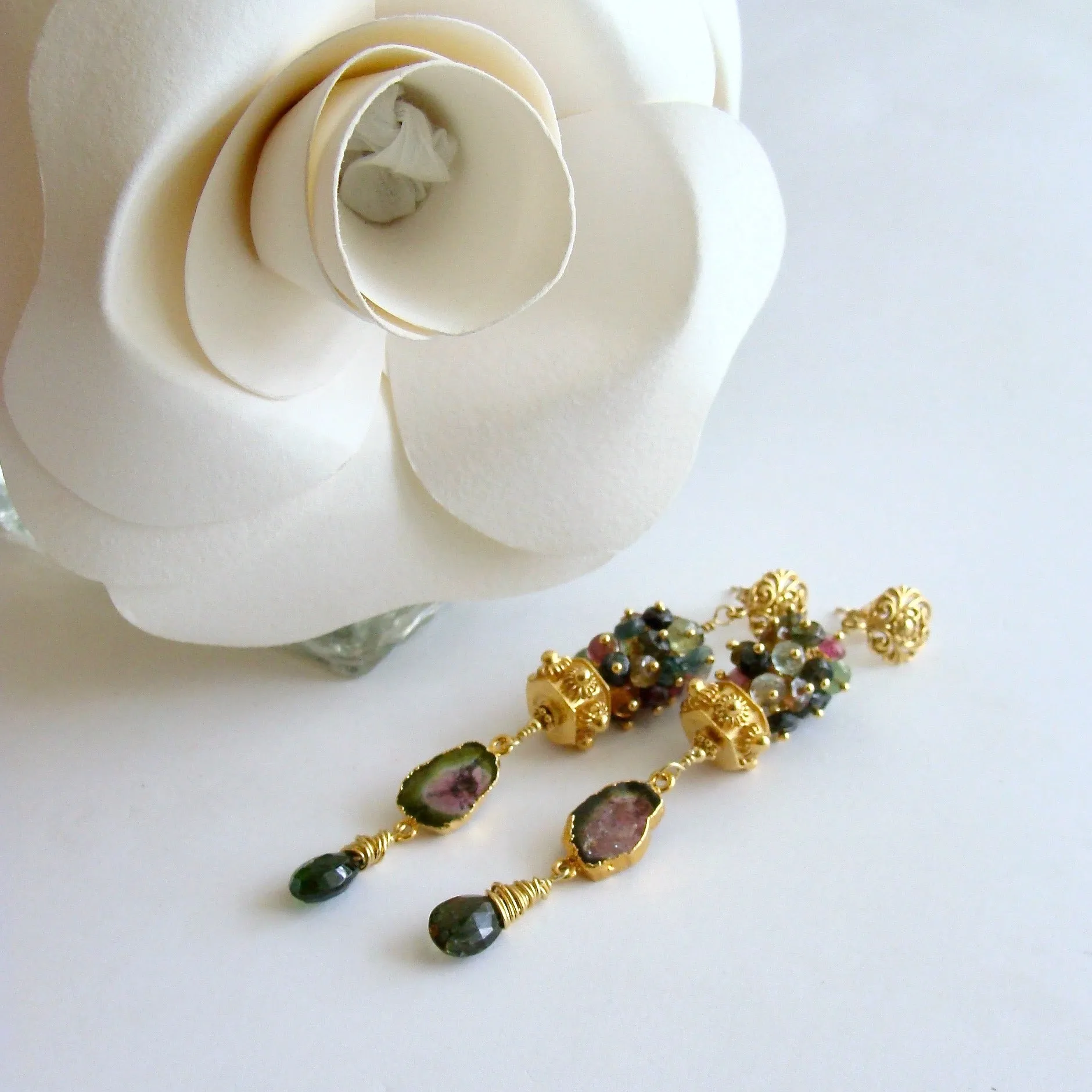 Tourmaline Slices Long Tourmaline Cluster Earrings - Tatiana III Earrings
