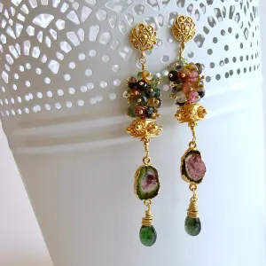 Tourmaline Slices Long Tourmaline Cluster Earrings - Tatiana III Earrings