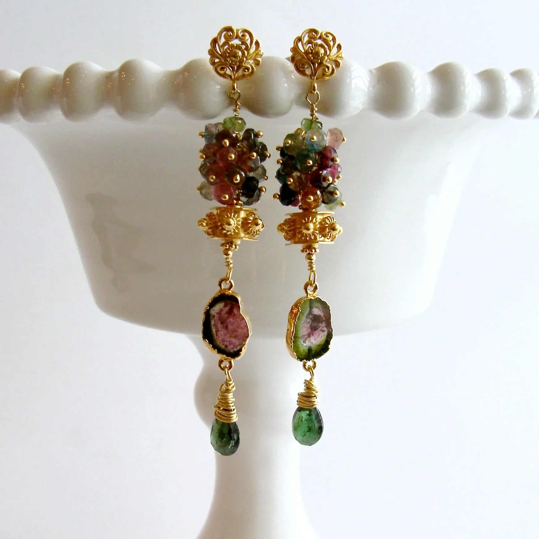 Tourmaline Slices Long Tourmaline Cluster Earrings - Tatiana III Earrings