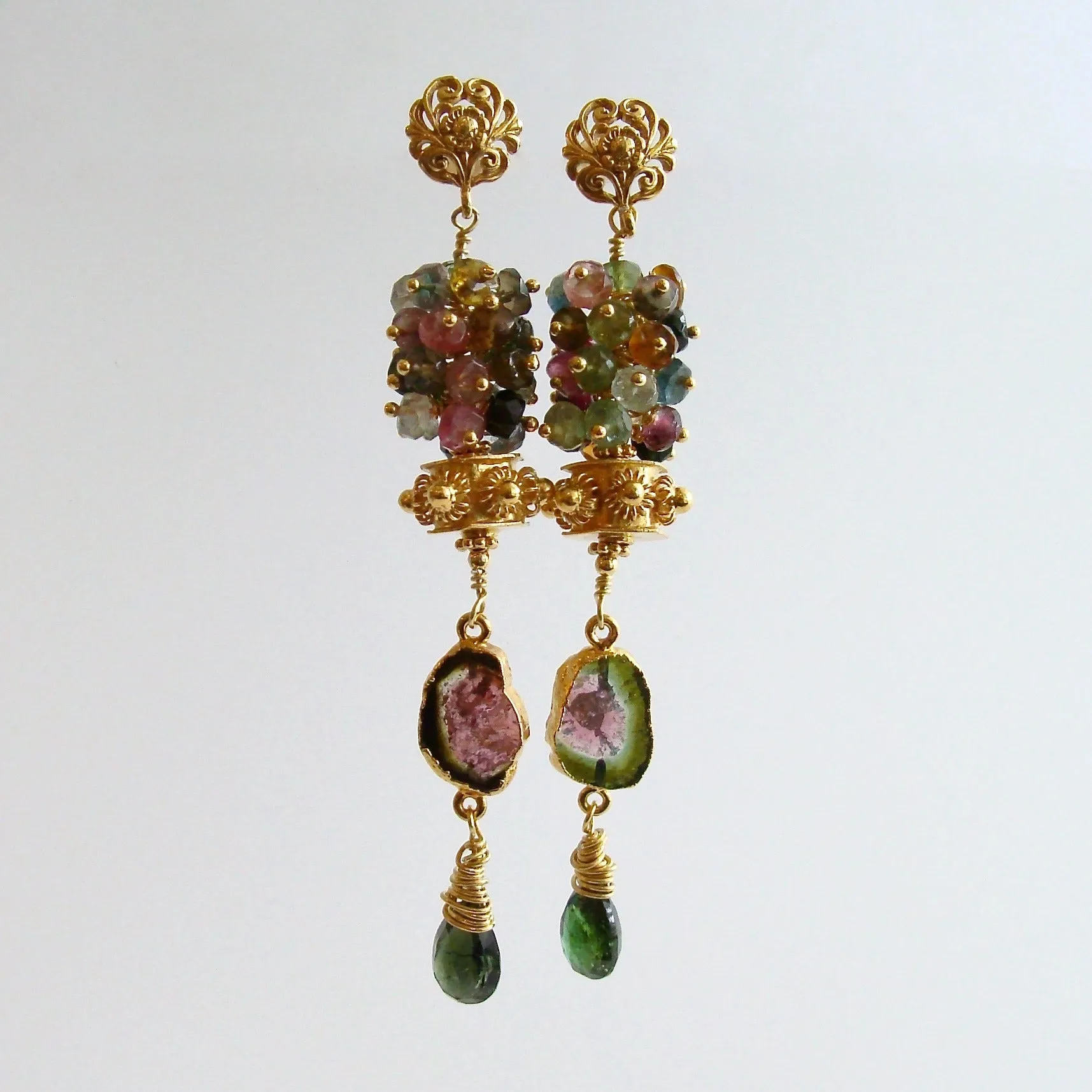 Tourmaline Slices Long Tourmaline Cluster Earrings - Tatiana III Earrings