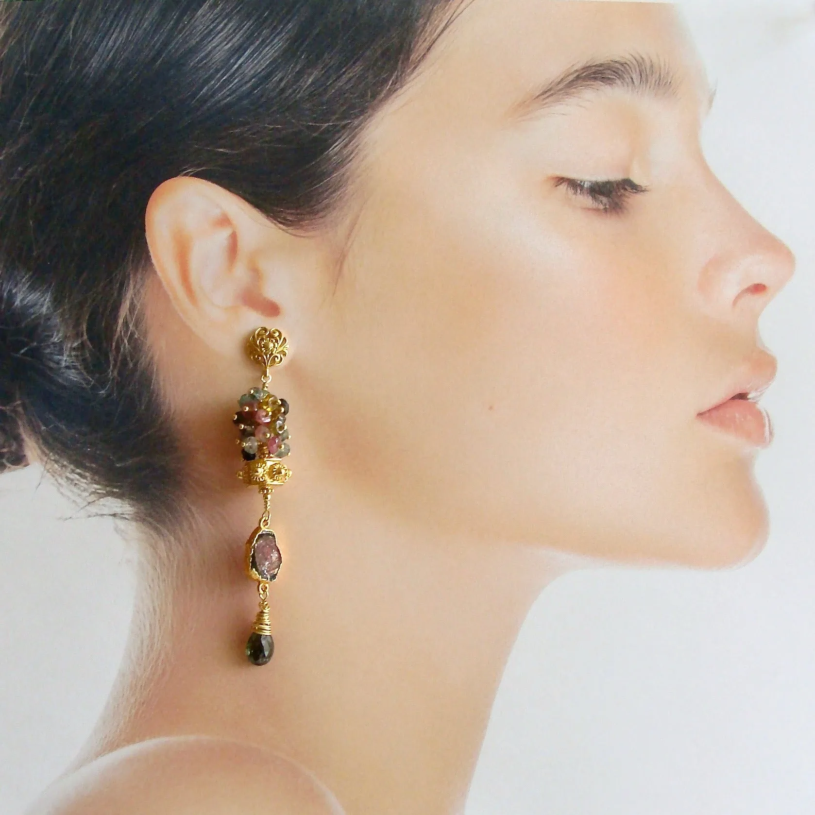 Tourmaline Slices Long Tourmaline Cluster Earrings - Tatiana III Earrings