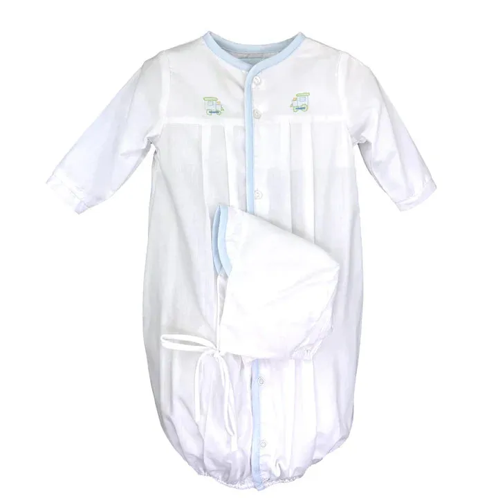 TRAIN EMBROIDERED CONVERTER GOWN AND BONNET - WHITE