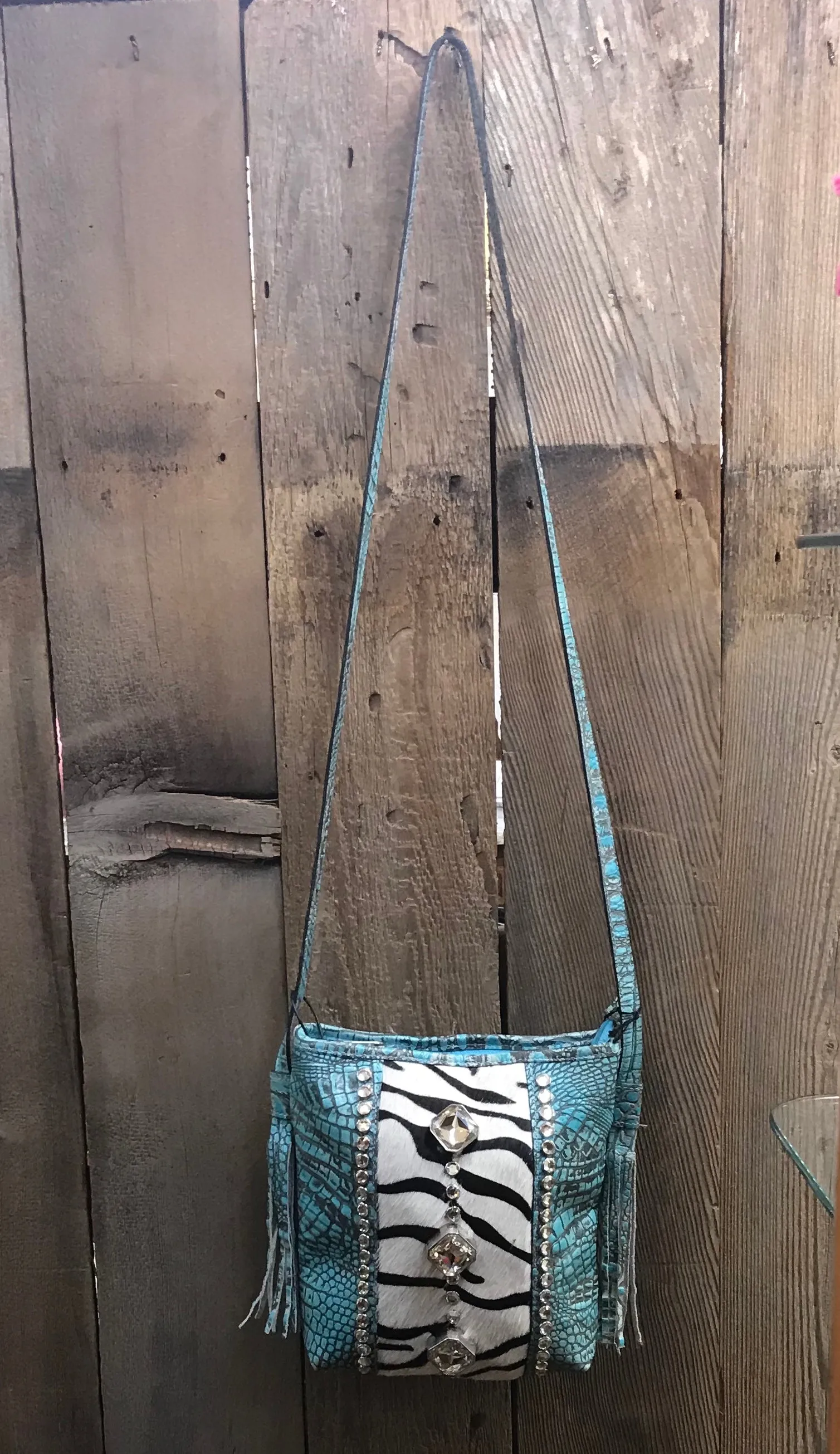 Turquoise Croc Leather With Zebra Print Hair And Swarovski Crystals