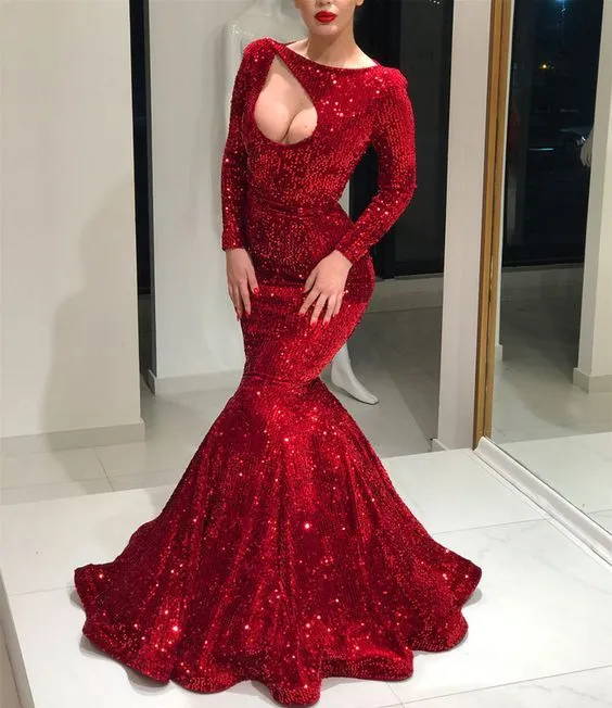 unique evening dresses long sleeve sparkly red mermaid elegant modest sexy formal dresses vestido de longo
