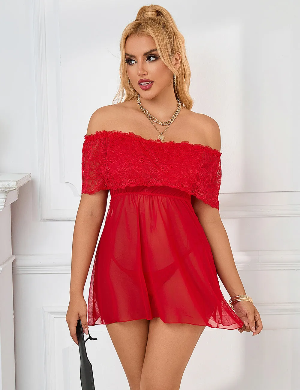 Valentine's Day Egypt Style Red Off-Shoulder Lace Sexy Babydoll