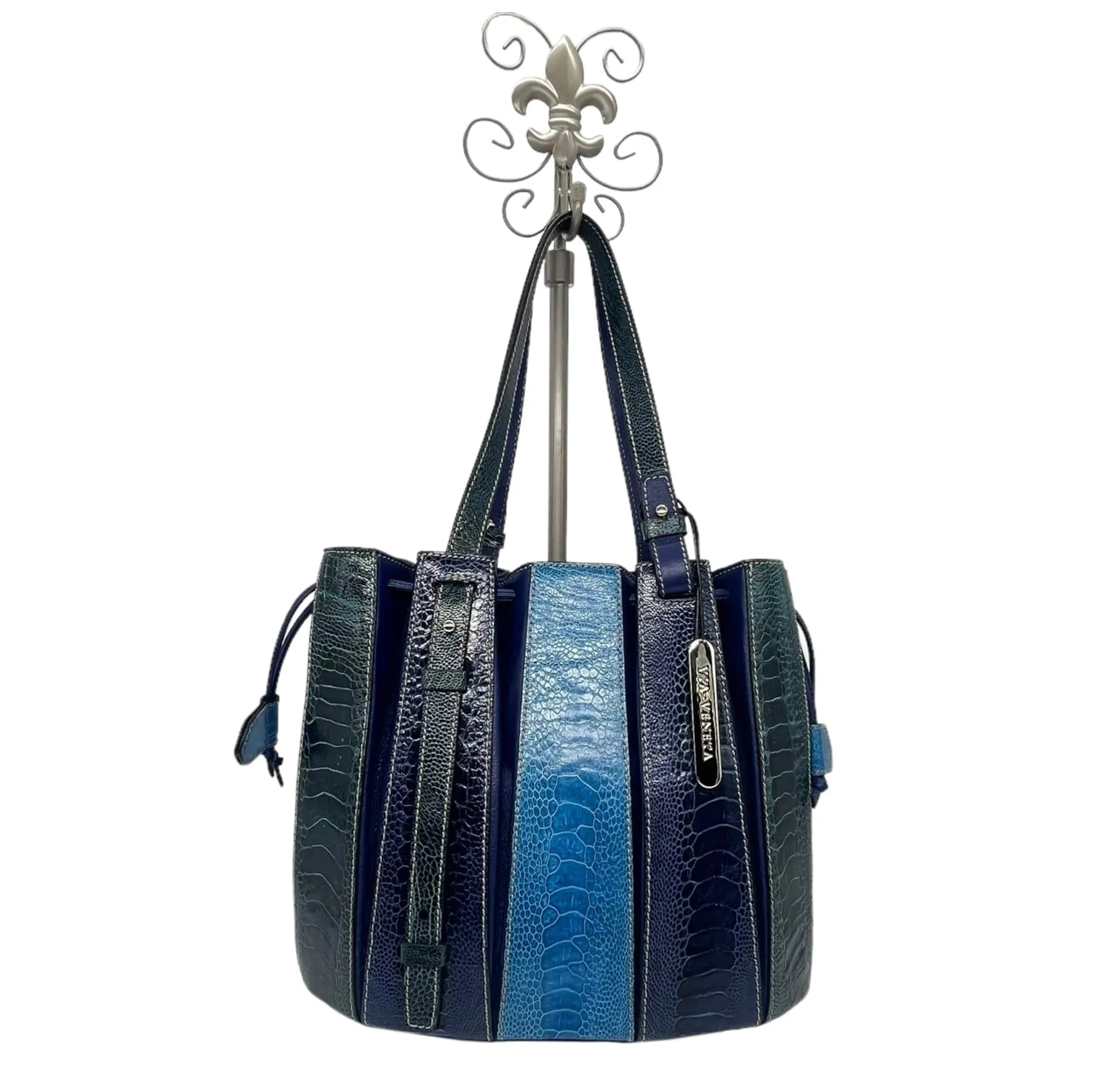 VIA LA MODA VENETA Ostrich "Fern" Bucket Bag - Blue New w/Tags