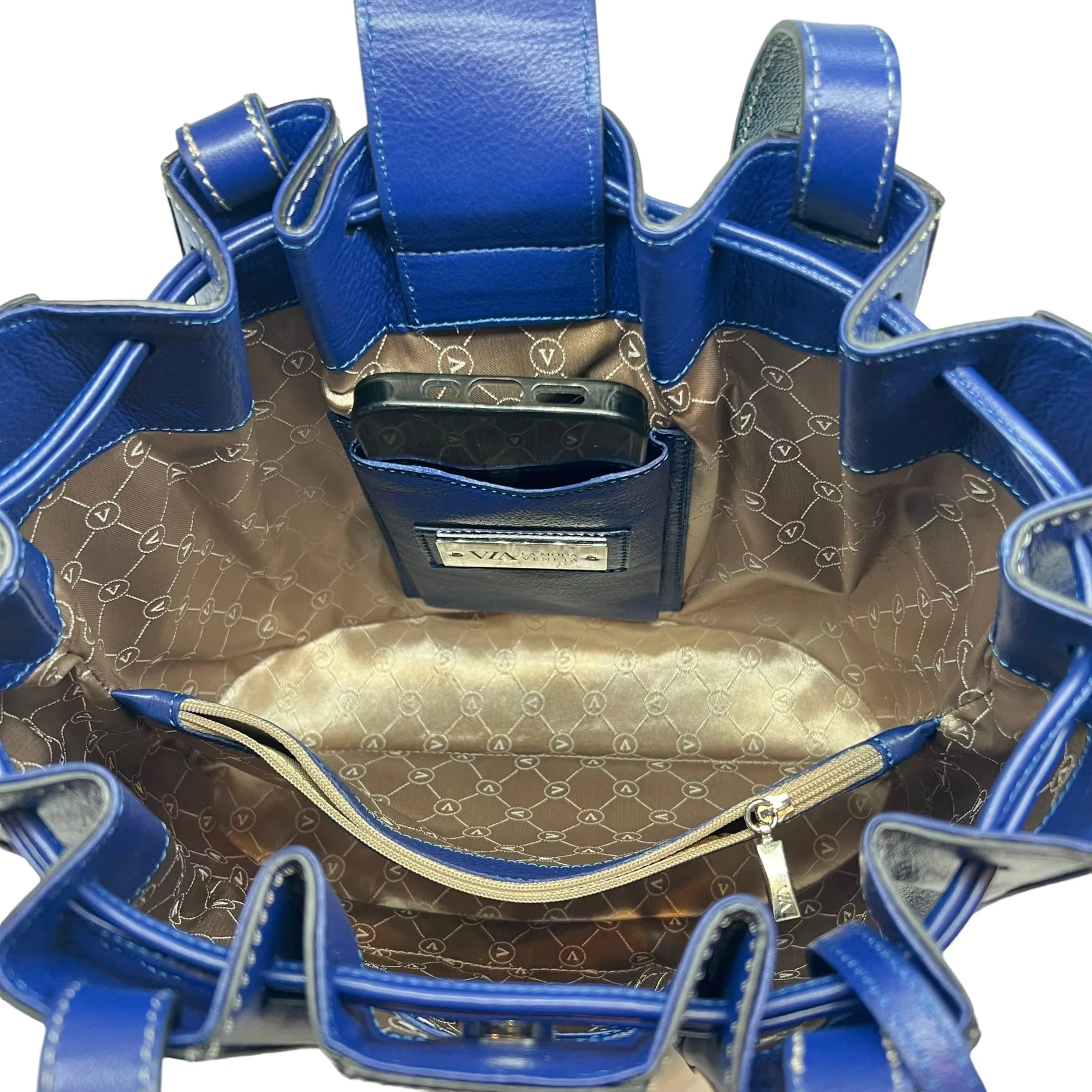VIA LA MODA VENETA Ostrich "Fern" Bucket Bag - Blue New w/Tags
