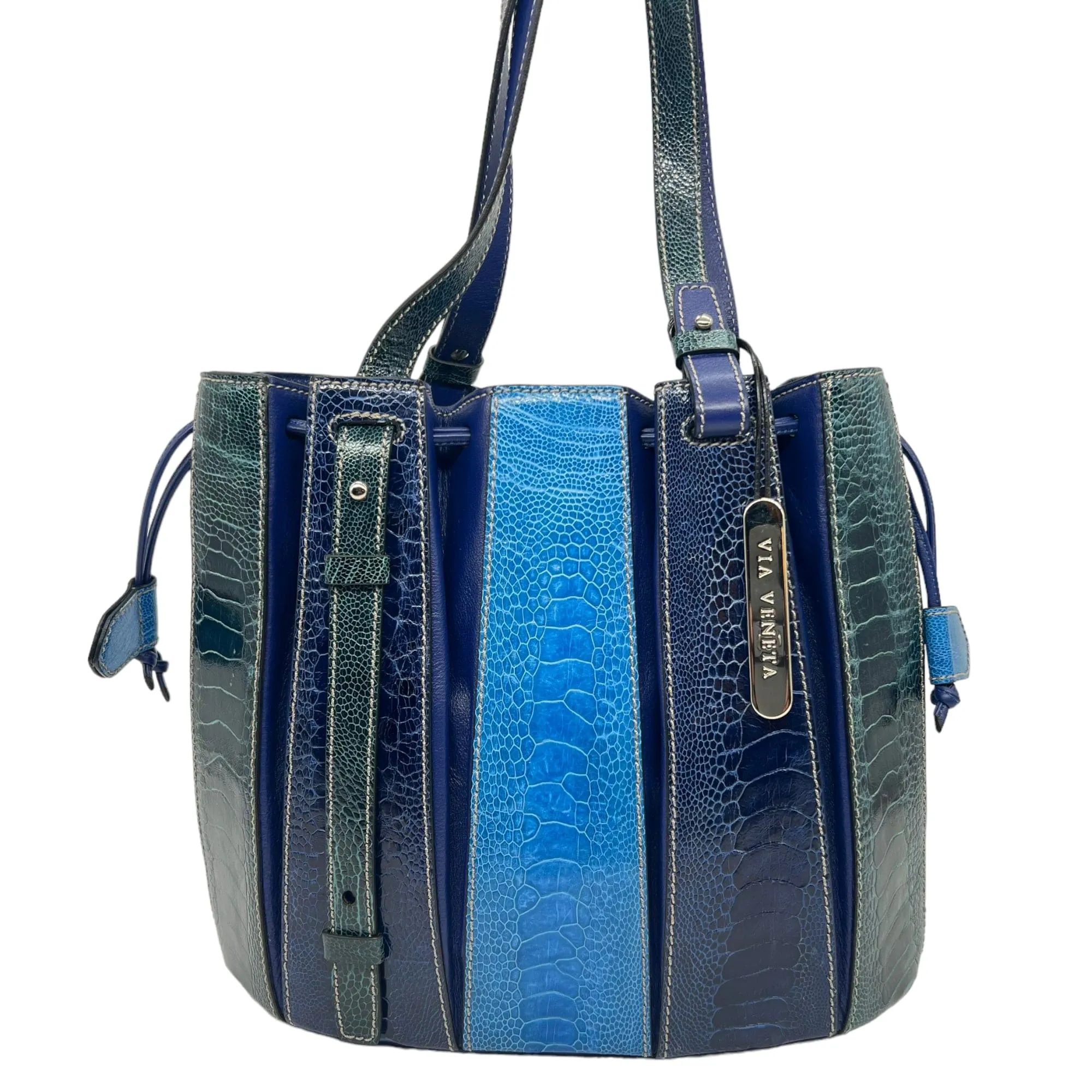 VIA LA MODA VENETA Ostrich "Fern" Bucket Bag - Blue New w/Tags
