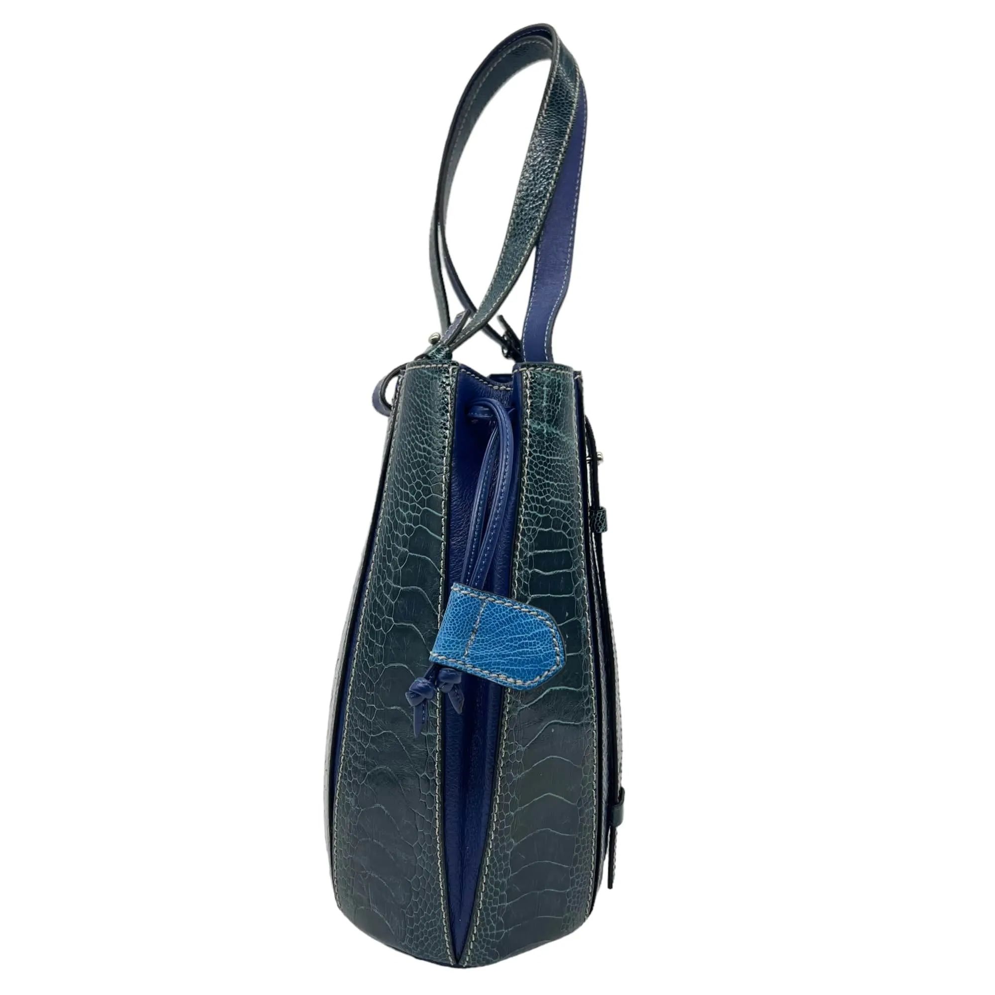 VIA LA MODA VENETA Ostrich "Fern" Bucket Bag - Blue New w/Tags