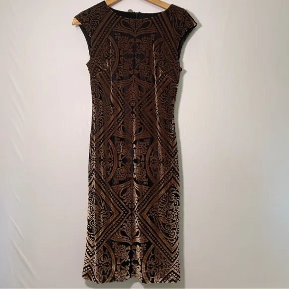 Vince Camuto Women's Velvet Print Sheath Dress Brown Black Size 6 Evening