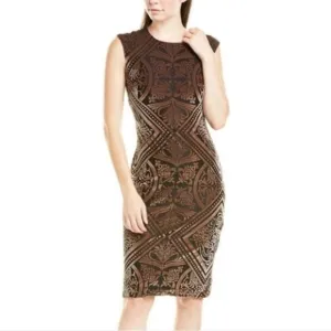 Vince Camuto Women's Velvet Print Sheath Dress Brown Black Size 6 Evening