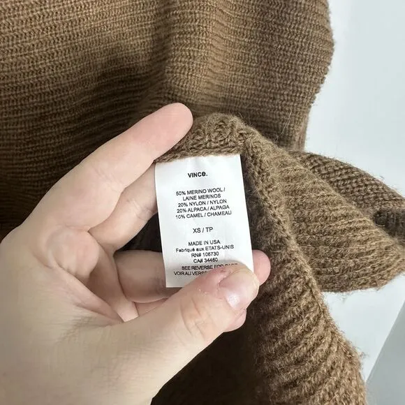 Vince Womens XS Oversized Sweater Brown Knit Merino Wool Alpaca Camel Nylon USA